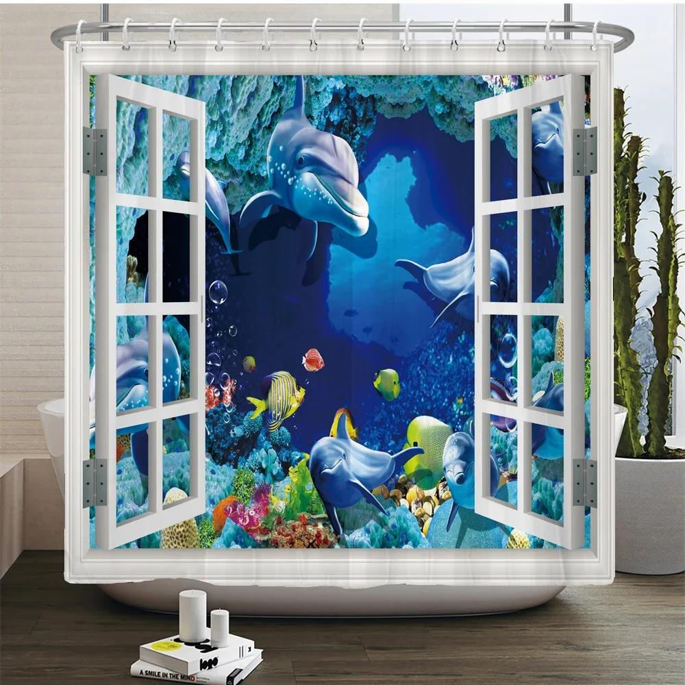 3d Bathroom Curtains Ocean Fish Jellyfish Shell Starfish Dolphin Anchor Shower Curtain Waterproof Fabric Cartoon Boy Bath Screen