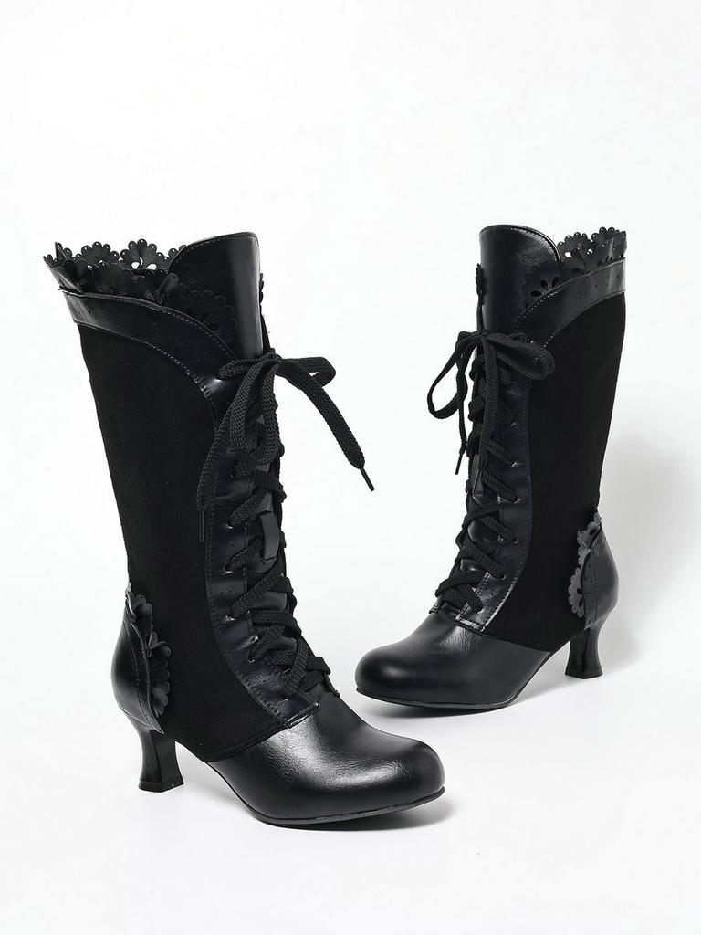 Осенне-зимние винтажные женские викторианские сапоги на шнуровке с высоким каблуком, ботильоны с оборками, обувь для косплея принцессы Лолиты для вечеринки