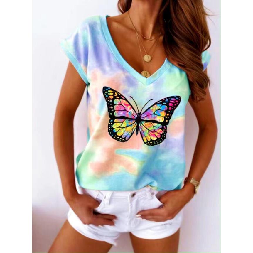 Summer V-neck 3D Butterfly Pattern Printed Top Fashionable Casual Short Sleeved Women's T-shirts