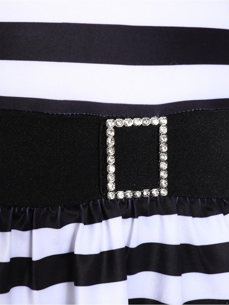 Костюм заключенной для девочки Полосатое платье Отложной воротник V-образный вырез Короткий рукав Встроенные трусики Кнопка на ластовице Юбка с оборками