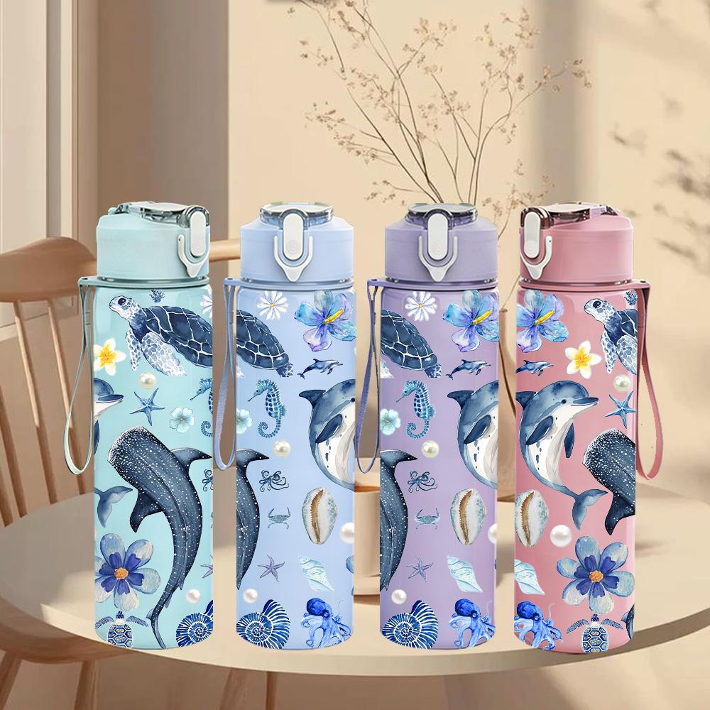 1PC Blue Grey Dolphin Coral Repeat Texture 750ml Color Plastic Water Bottle Leakproof Flip Straw Lid For Sports Office Home Use