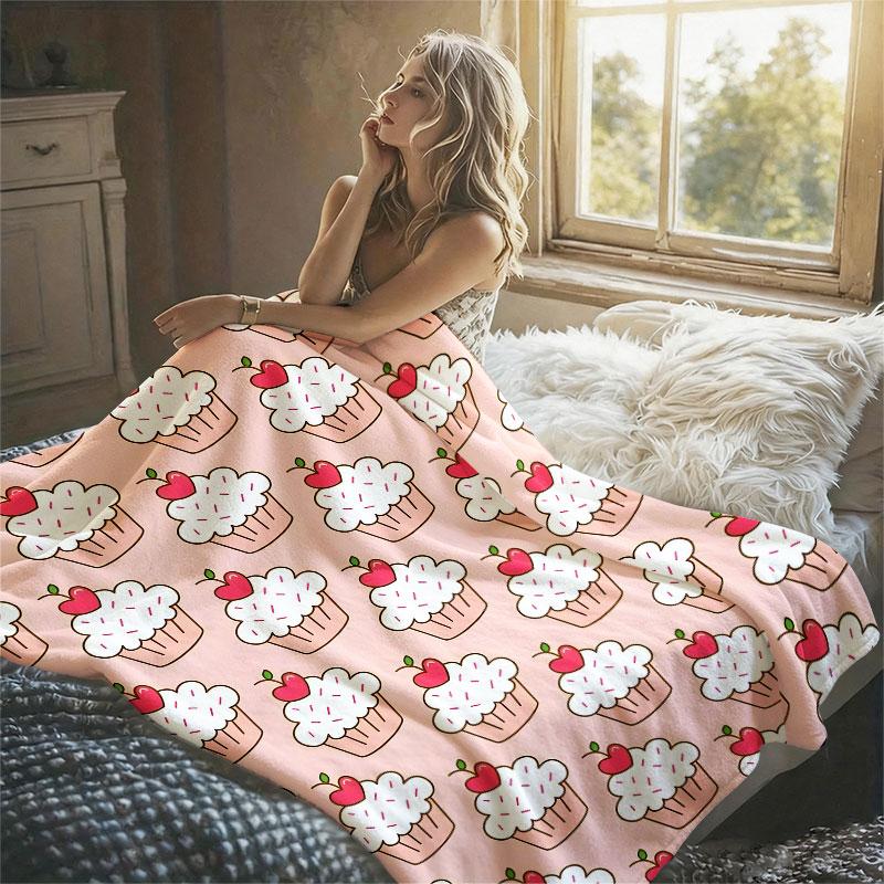 Cupcakes Heart Pink Flannel Blanket Perfect for Sofa Office Bed Travel Sleep Read Relax Camping Four Season Use
