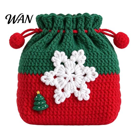 Holiday Jewelry Gift Box Hand-Crochet Drawstring Pouch, Christmas Soft Yarn Mini Coin Purse, Santa Snowflake Animal Treat Bag Gingerbread Small