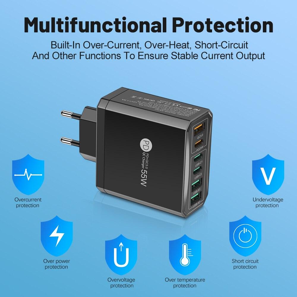 55 Вт PD USB Зарядное устройство Быстрая зарядка 6 портов Quick Charge 3.0 Дорожное зарядное устройство для iPhone Samsung Xiaomi Зарядное устройство для мобильного телефона