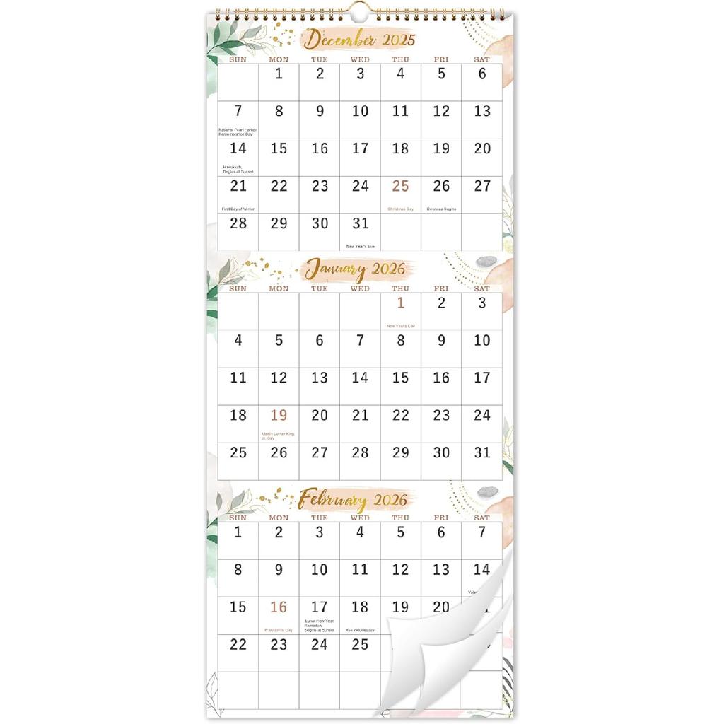 2026 Wall Calendar - 3 Month Calendar 2026 Vertical, 3 Month Wall Calendar, 11" x 26", December 2025 - January 2027, Calendar 2026, Large Monthly