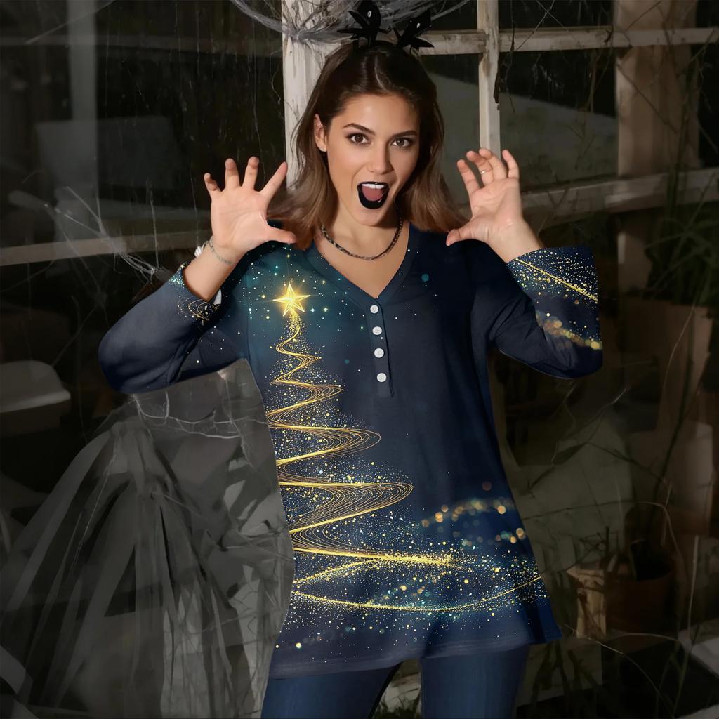 Women's Casual Fashion Sexy Comfortable Christmas Print V-Neck Button Three-quarter Sleeve Top