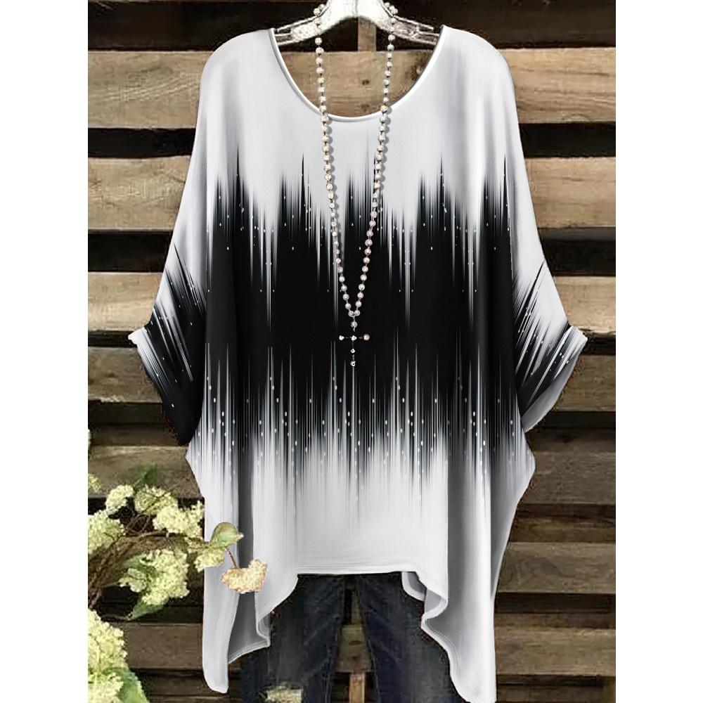 Women 's T-Shirt Simple Color Gradient Print Elegant Irregular Hem O- Neck Women's Clothing Casual T-Shirt Vacation Style Loose