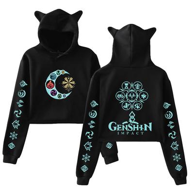 Genshin Impact Printed Cat Ear Hoodie Women Long Sleeve Short Shirts Women Casual Streetwear Crop Tops