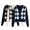Women's Sweater Cardigan Argyle Pattern Long Sleeve England Style Sweater Top