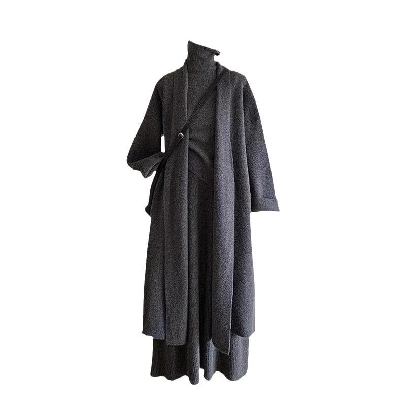 Women Spring Autumn Winter Three Piece Sets Long Sweater Turtleneck Vest Jumper Dress Knitted Crochet Coat Y2k High Waist Skirt