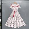 Women Party Dress Vinatge Big Hem Contrast Color Dot Print High Waist with Belt Back Zipper Short Sleeve Doll Collar 50s 60s Prom Wedding Princess