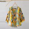 ZANZEA Women Round Neck 3/4 Sleeve Casual Print Blouse