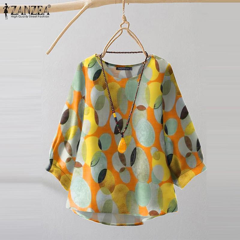 ZANZEA Women Round Neck 3/4 Sleeve Casual Print Blouse