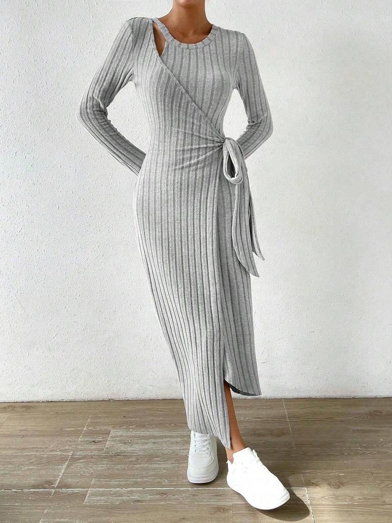 2024 Autumn/Winter Gray Knitted Irregular Long Dress for Women - European & American Fashion