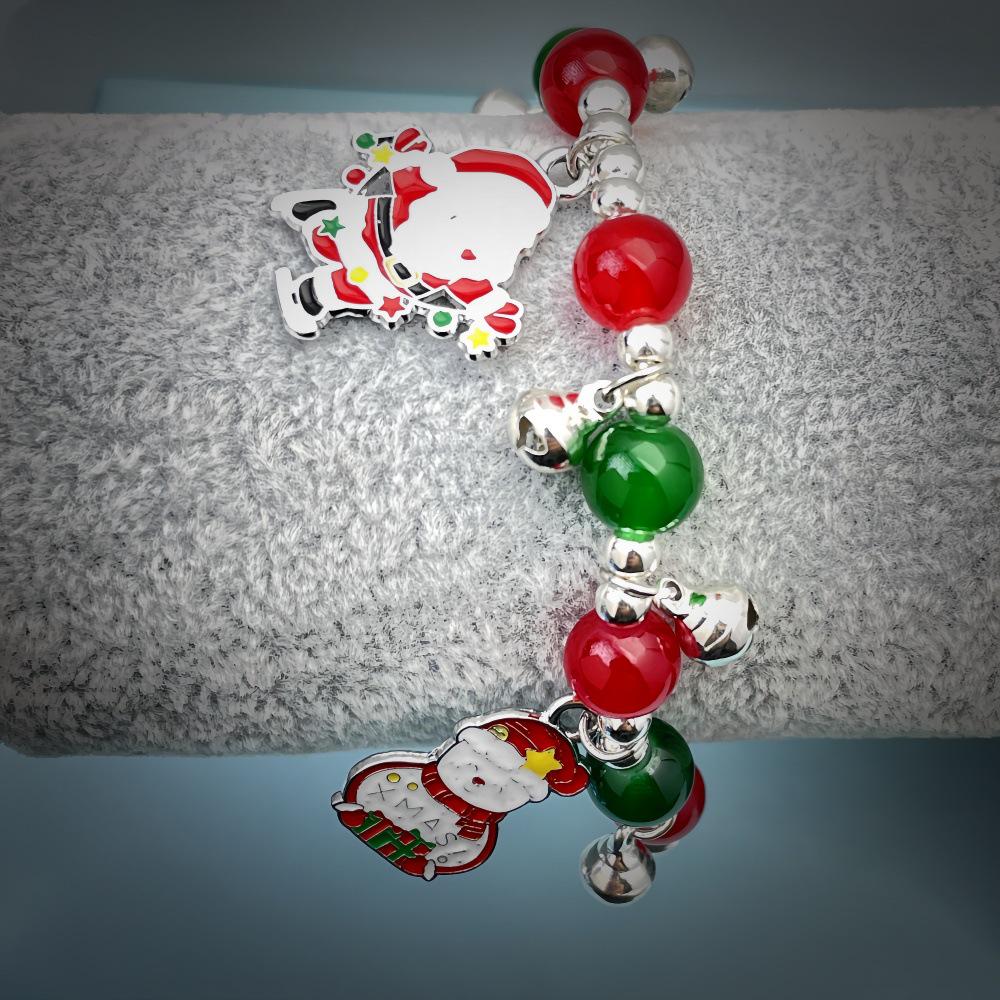 Women's European & American Christmas Glass Beaded Bracelet with Alloy Pendant and Elastic Cord