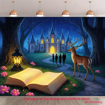 Двумерный фон Замок Волшебного Мира, Двумерный Волшебная Книга, Олень, Фонарь, Фотофон для Тематической Фотосессии