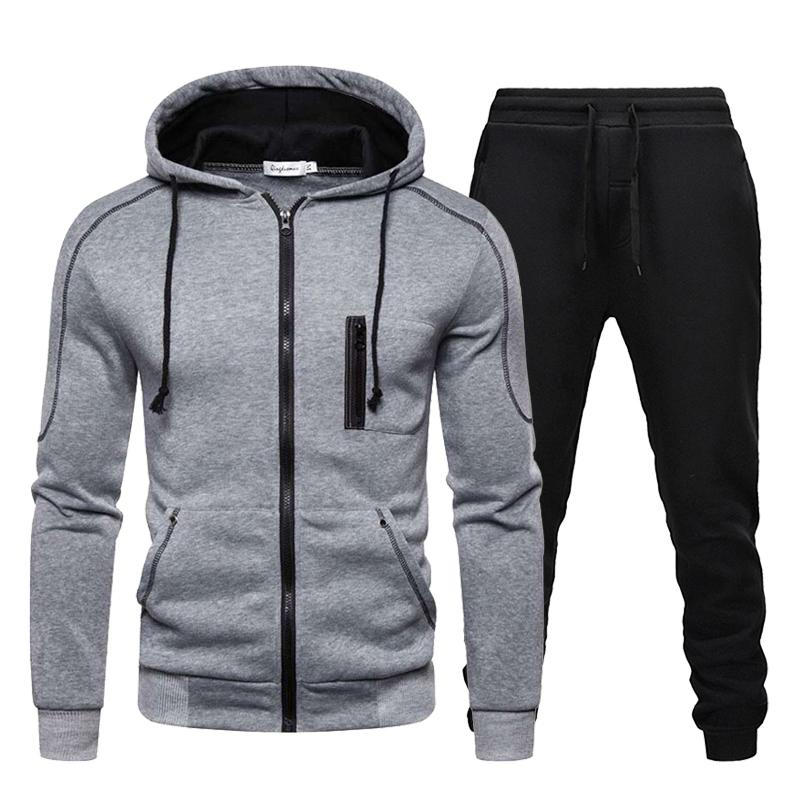 Men's Fall and Winter Warm Sports Suit Long-sleeved Lined Padded Hoodie + Pants 2-piece Set
