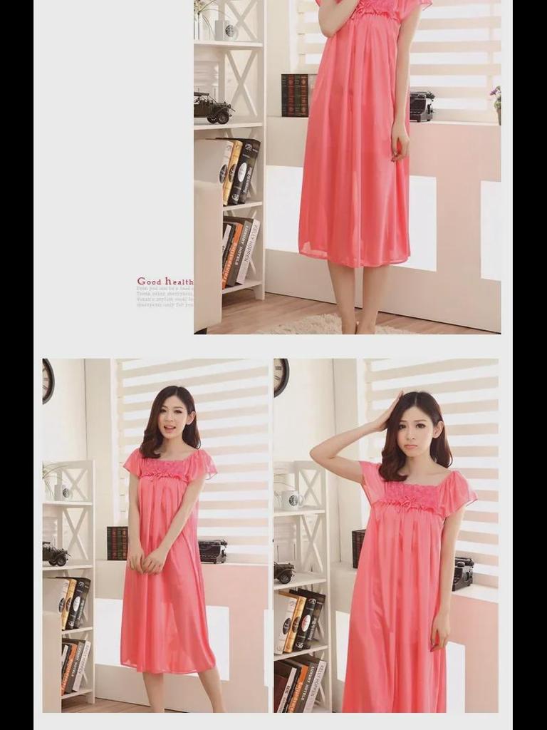 Летняя сексуальная кружевная ночная рубашка из ледяного шелка - однотонная свободная пижама с коротким рукавом