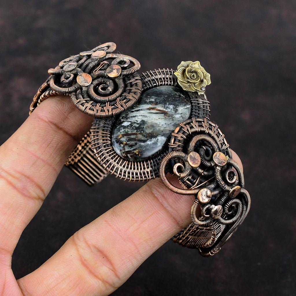 Браслет с астрофиллитом, медная проволока, браслет с драгоценными камнями, регулируемый браслет-манжета, браслет с цветами, медный ювелирный браслет, подарок для него, браслет ручной работы