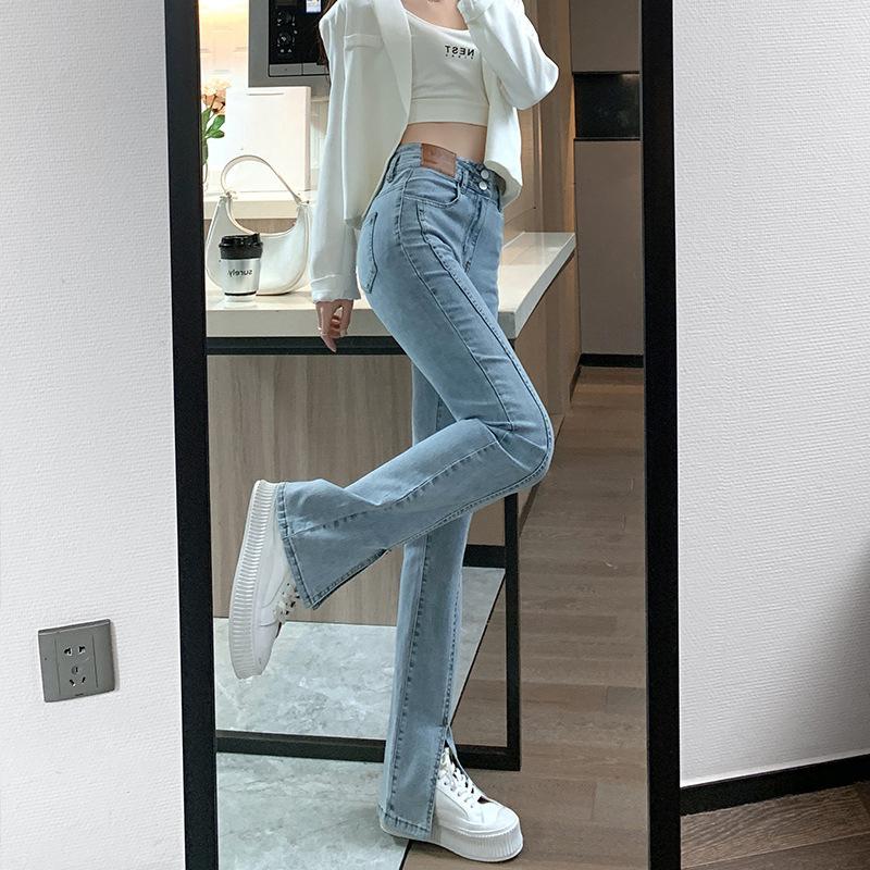 Весенние и летние женские джинсы-стрейч. Прямые брюки с высокой талией. Узкие открытые брюки с микроклешом.