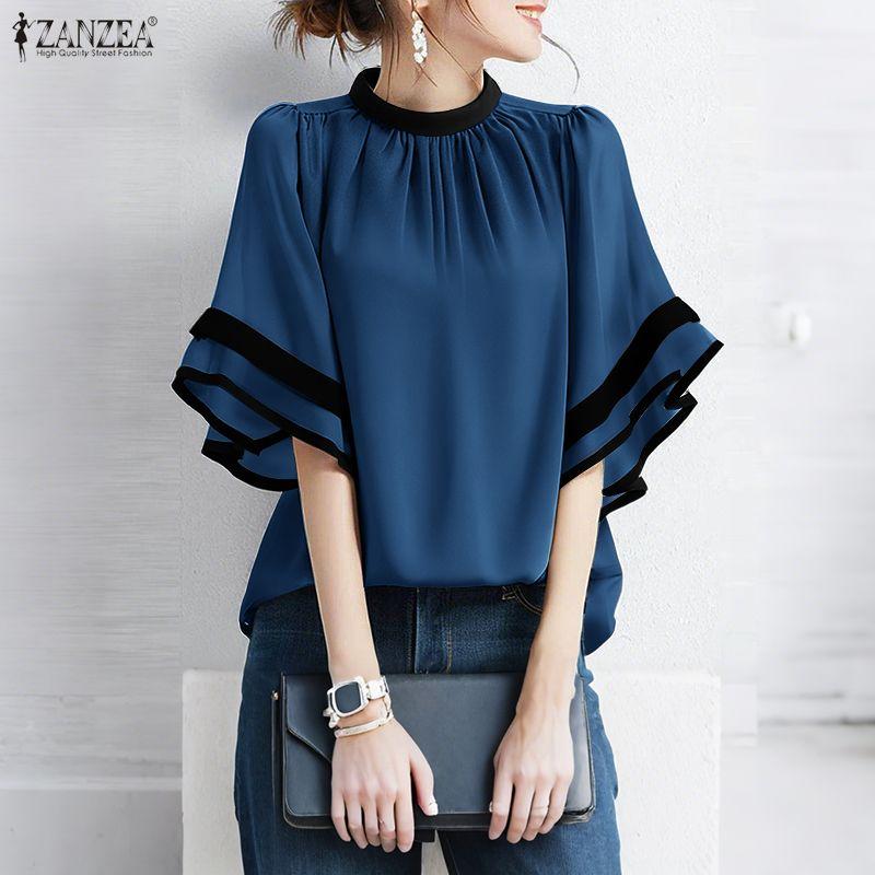 ZANZEA Женская повседневная блузка с круглым вырезом, свободного кроя, с оборками и короткими рукавами