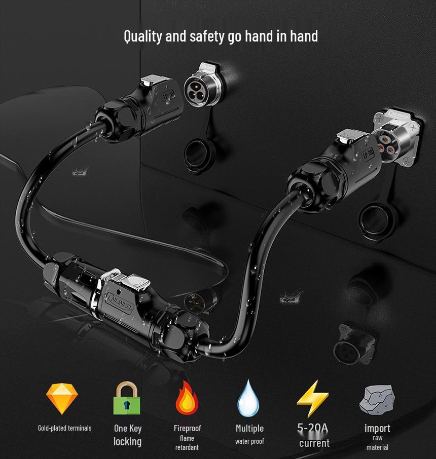 Black LP20 Solar Waterproof 14-Pin Aviation Plug Connector with Partitioned Four-Hole Flange
