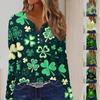 Women's Fashion Casual V-neck Saint Patrick's Day Printed Long Sleeved Decorative Button T-shirt Top