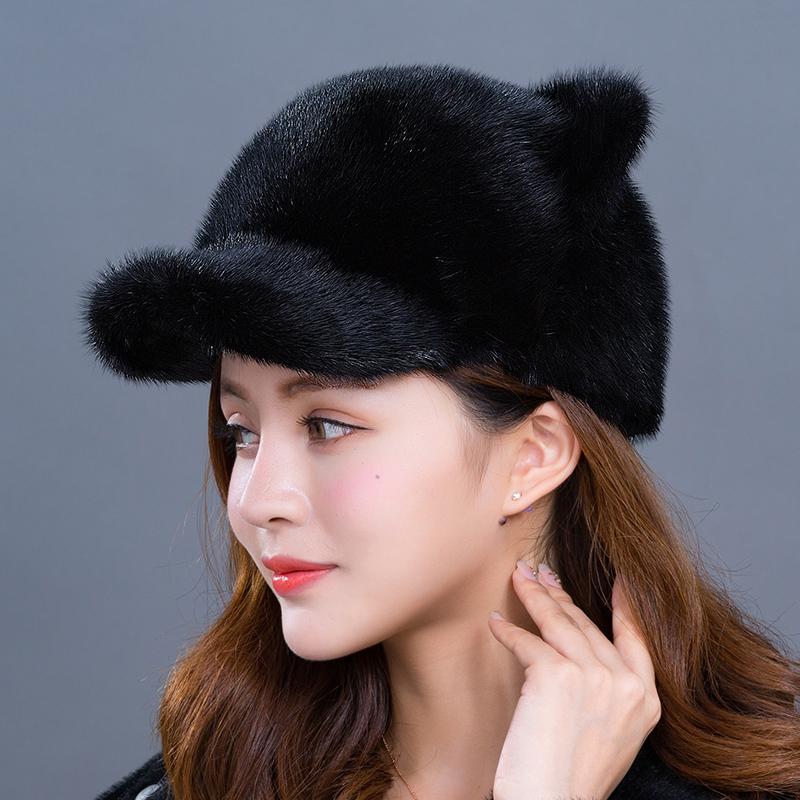 Новая женская норковая шапка с милыми кошачьими ушками (Хлеб в форме кошачьих ушей, приготовленный на пару) Норковая кожаная шапка Зимняя теплая меховая шапка