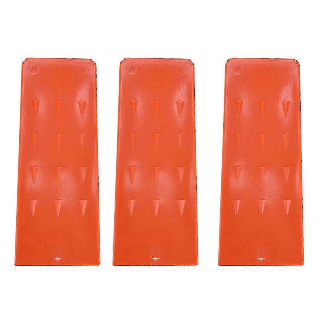 Three 8-inch logging wedges, made of pointed plastic, are safe logging tools suitable for chainsaws and tree cutting.