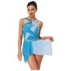 Womens Lyrical Dance Dress Rhinestone Color Block Mesh Design Ruched Twisted Knot Irregular Hem Leotard