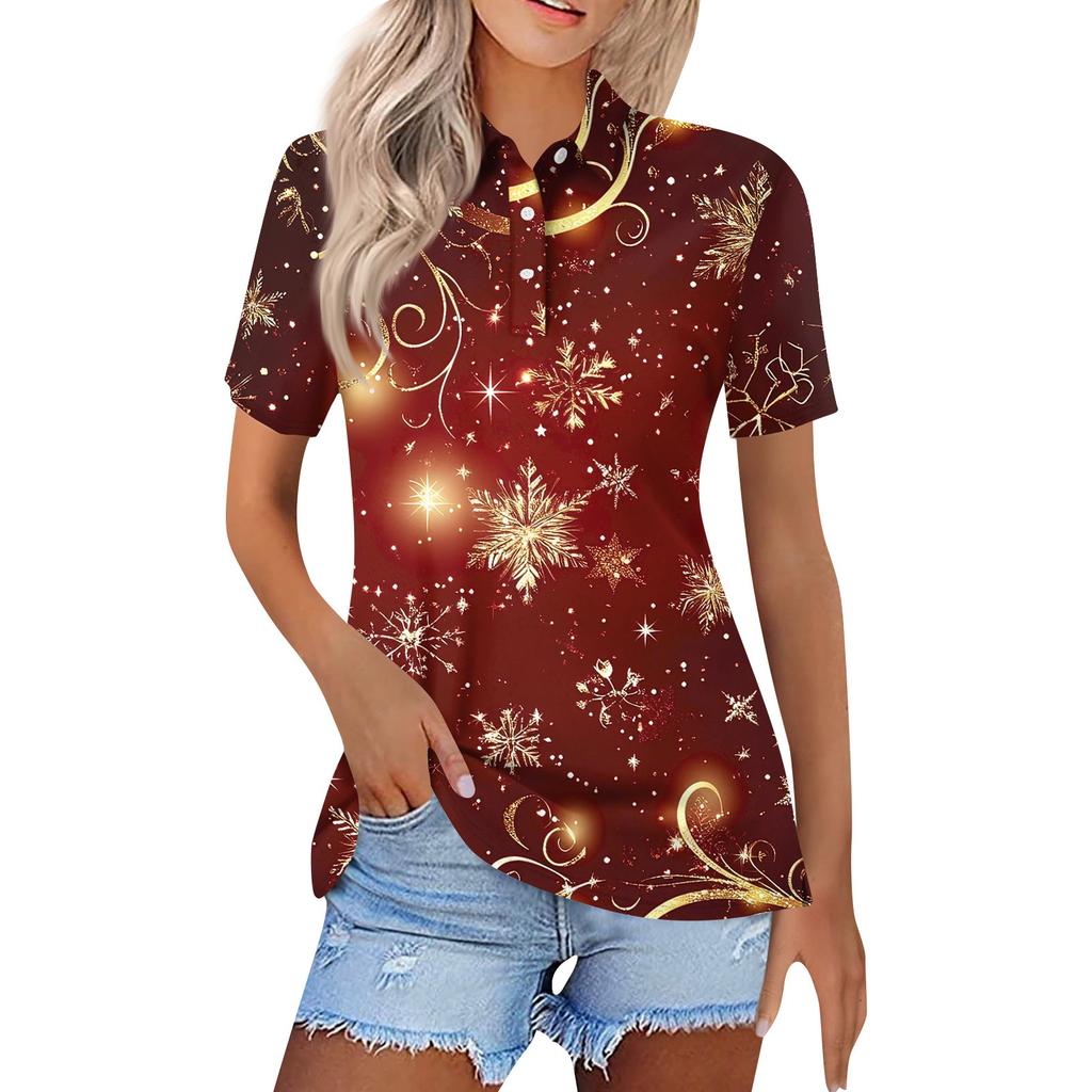Женская модная повседневная рубашка с лацканами и короткими рукавами с рождественским принтом, женские топы на пуговицах