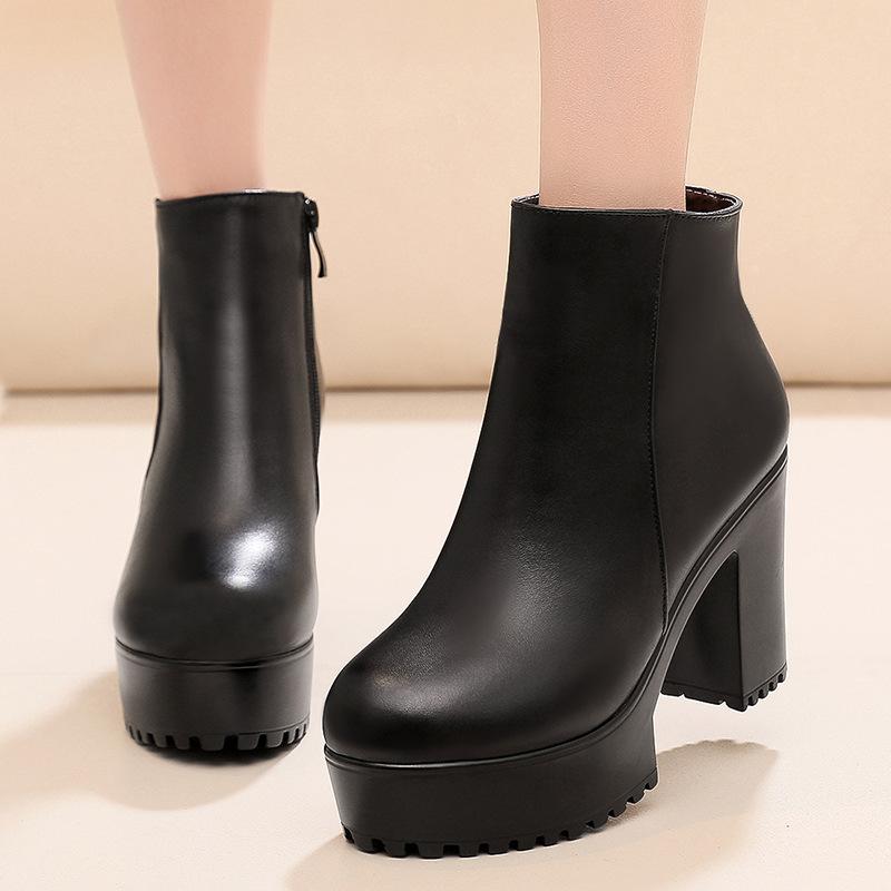Genuine Leather Autumn Winter Women Boots Shoes Warm Ankle Boots Female Thick Heel Boots Women Platform High Heels Shoes