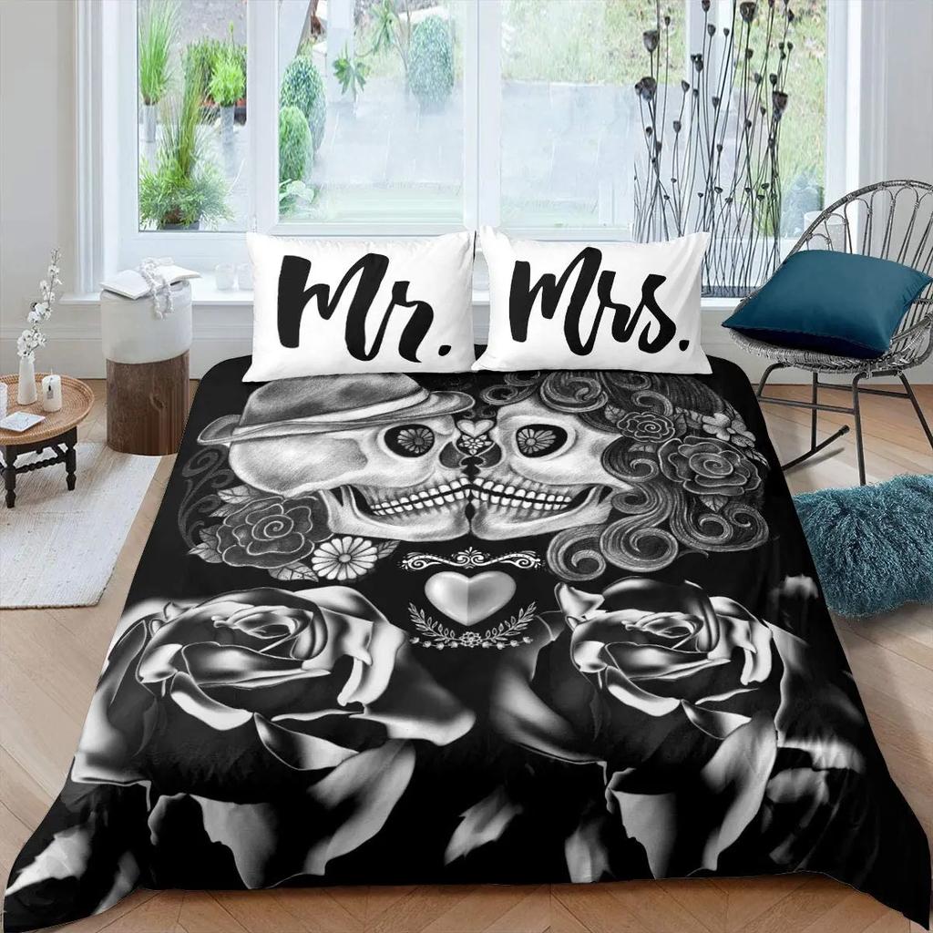 Sugar Skull Bedding Comforter Cover Set Gothic Duvet Cover Twin/Full/Queen/King Set 3 Pieces Soft Microfiber Duvet Cover