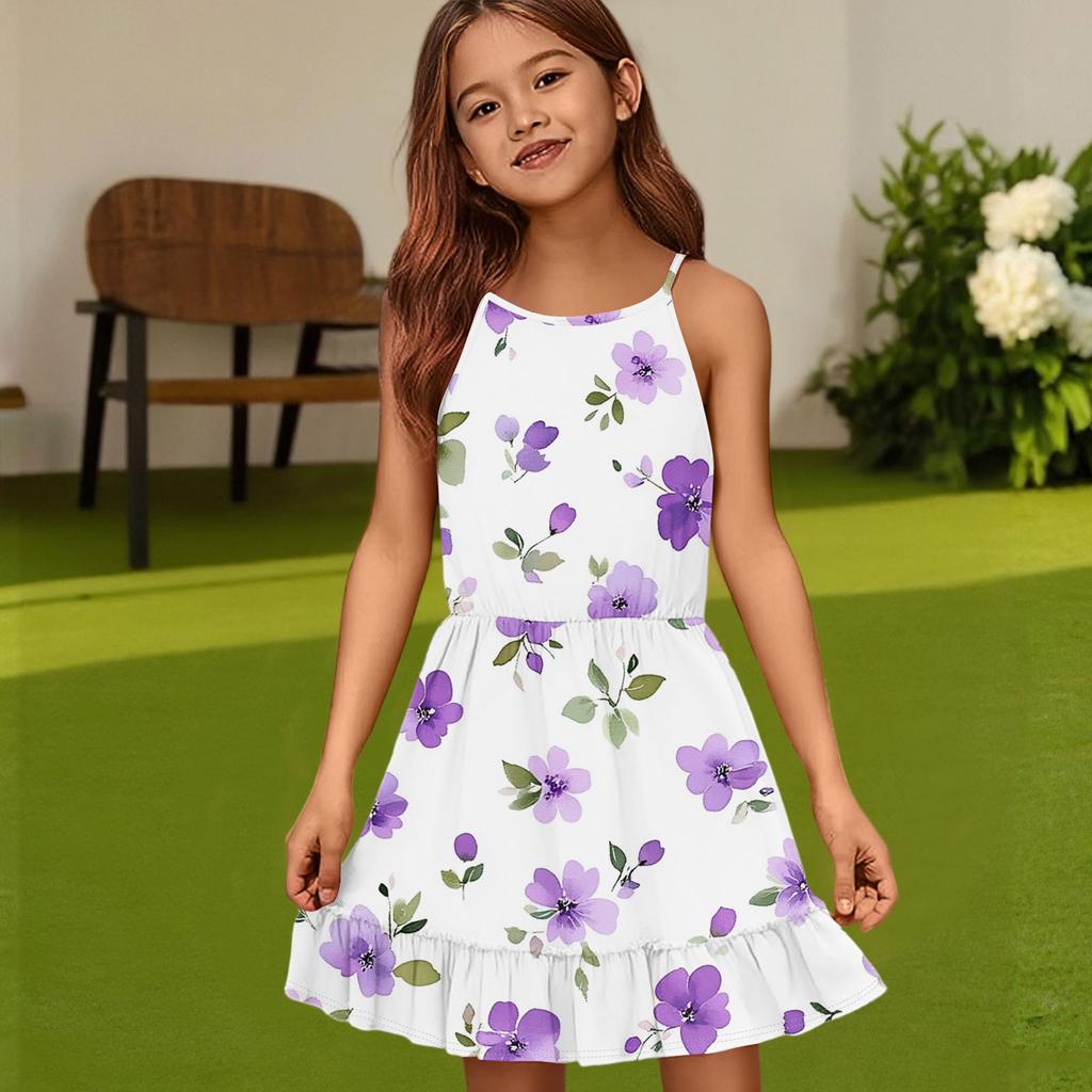 Детское летнее повседневное модное платье с круглым вырезом, однотонное, без рукавов