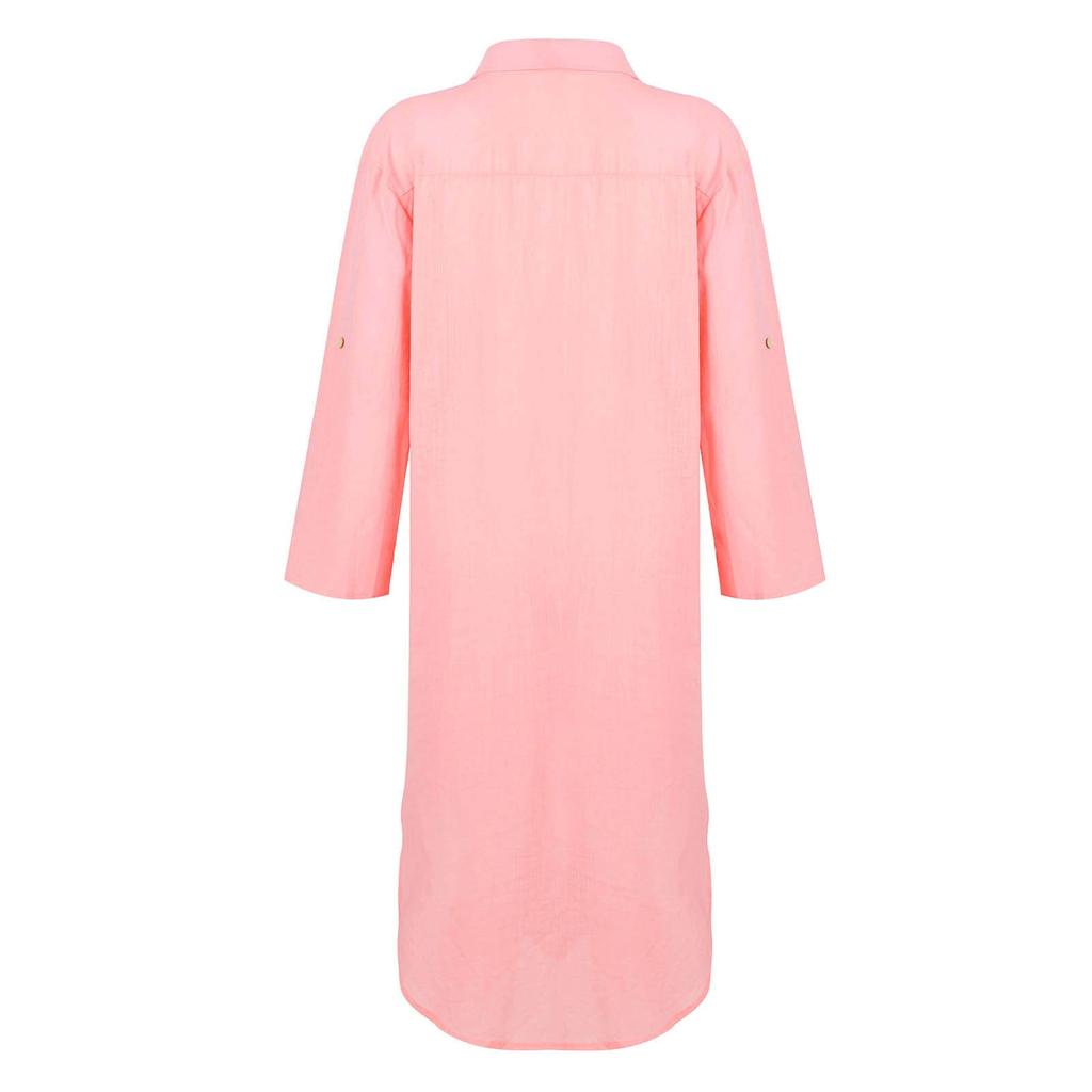 Women's Solid Color Button Slit Loose Breathable Casual Shirt Cotton Linen Dress