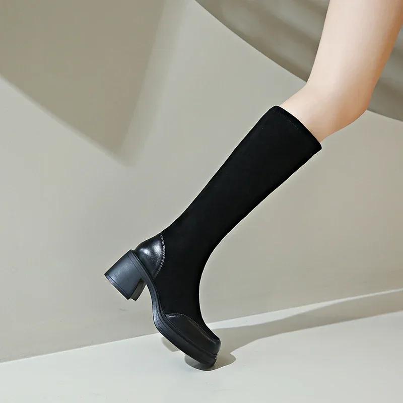 Распродажа женской обуви 2024 года, новые женские сапоги без застежек, зимние сапоги с круглым носком, однотонные, флоковые, теплые, на платформе, водонепроницаемые, модные, высокие сапоги