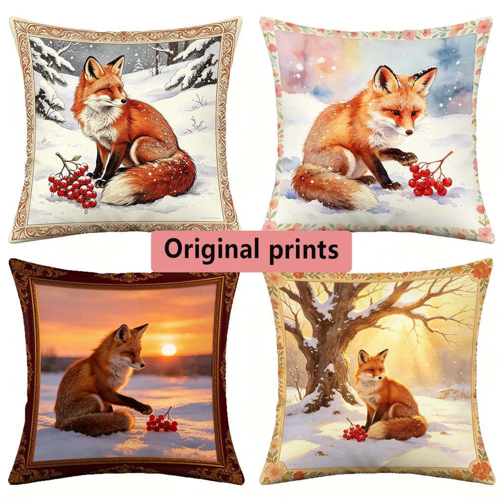 Winter Fox Square Throw Pillow Covers Pattern Cushion Cover Suitable For Sofa Bedroom Car Pillow Cover