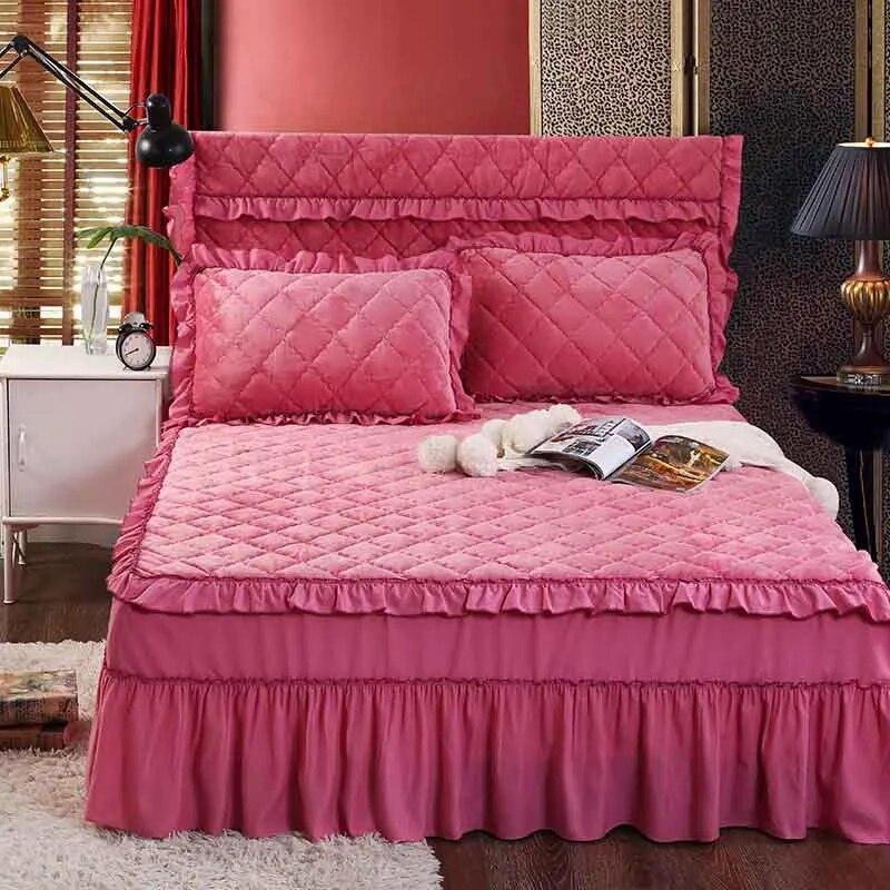 Однотонные теплые покрывала, стеганые утепленные покрывала, хлопковая юбка для кровати, комплекты постельного белья, матрас, королевский размер, покрывало на кровать