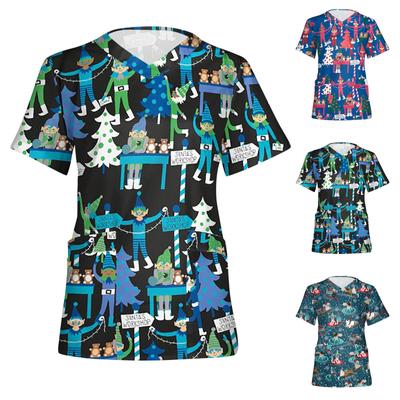 Женские топы с короткими рукавами и v-образным вырезом с рождественским принтом, рабочая блузка с карманами