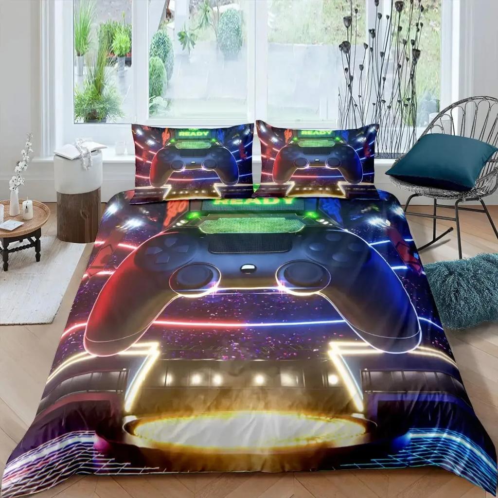 Gamer Duvet Cover Set Rotating Music Comforter Cover Gamepad Gaming Bedding Set for Boys Headphone Bedspreads Cover Queen Size