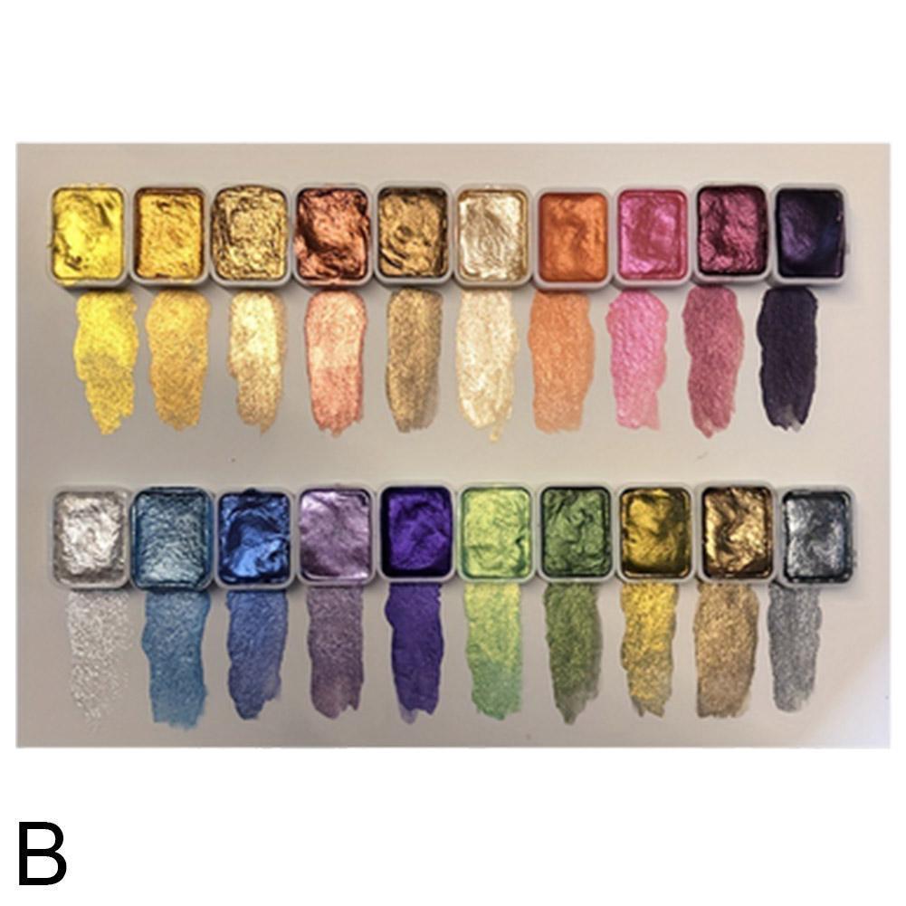 20 Colors Pearlescent Solid Watercolor Painting Set Portable Box Shiny Metal Painting Art Supplies Pigment Palette Drawing Tools