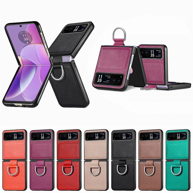 PU Leather Flip Phone Case With Texture Ring Stand Motorola Razr 40 Ultra 50 60 Full Coverage