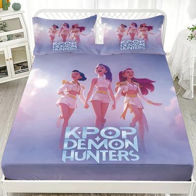 3 шт. K-Pop Охотники на демонов Принт Бессердечный Комплект простыней на резинке Разные размеры Мягкое покрывало для кровати Декор для спальни Машинная стирка