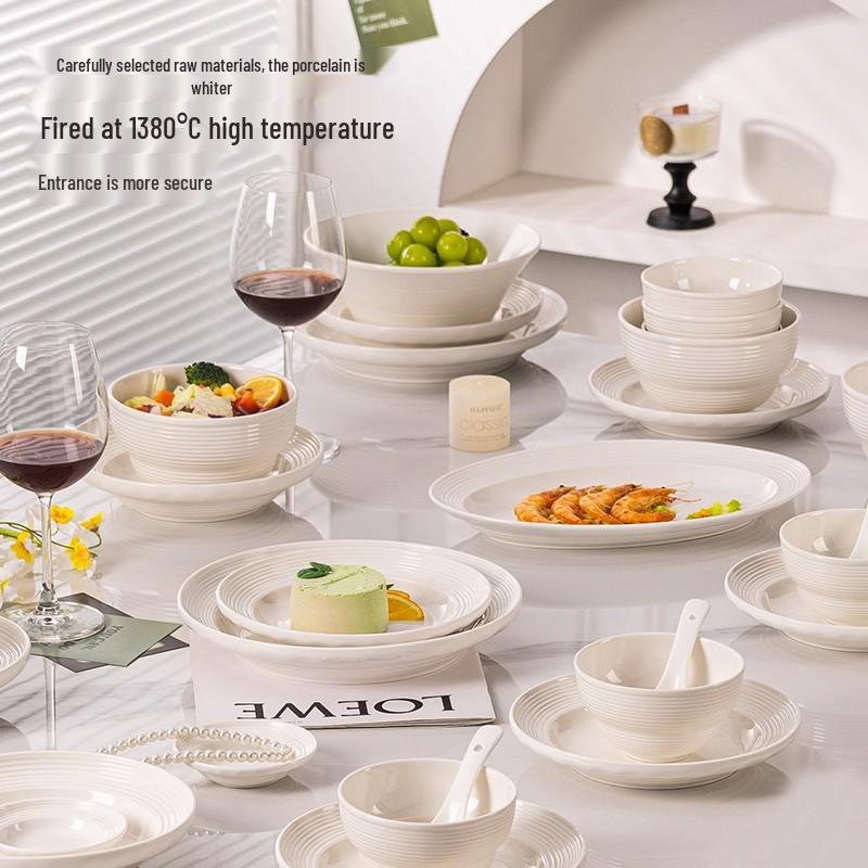 Ribbed Underglaze White Ceramic Tableware Set: Includes Plates, Chopsticks, Soup, Noodle, and Rice Bowls