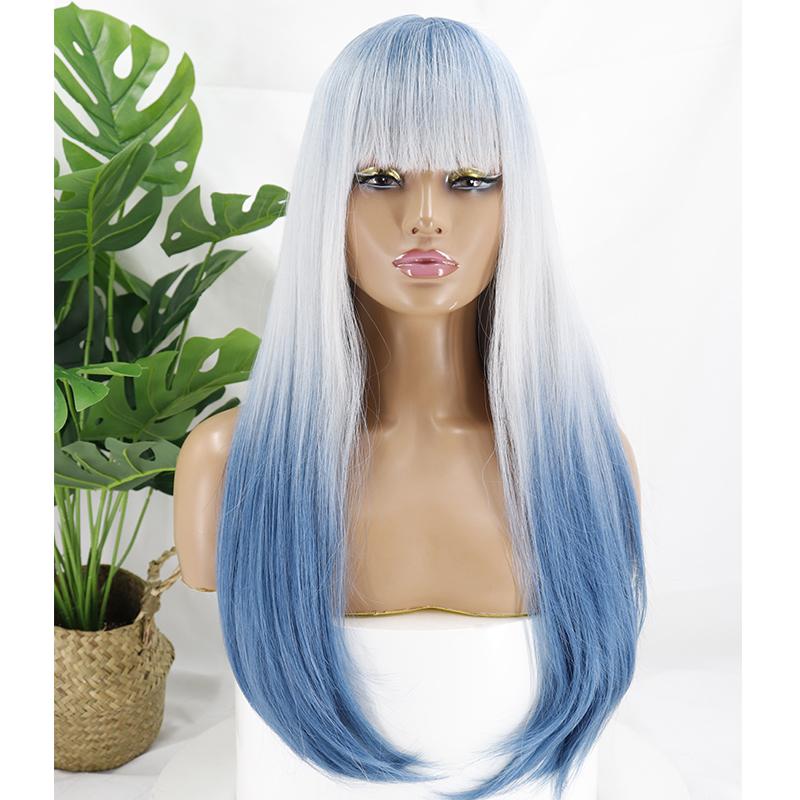 MISS WIG Women Fashion Long Straight Hair with Bangs Gradient Color Heat Resistant Cosplay Wigs Synthetic Fiber Wigs with Bangs