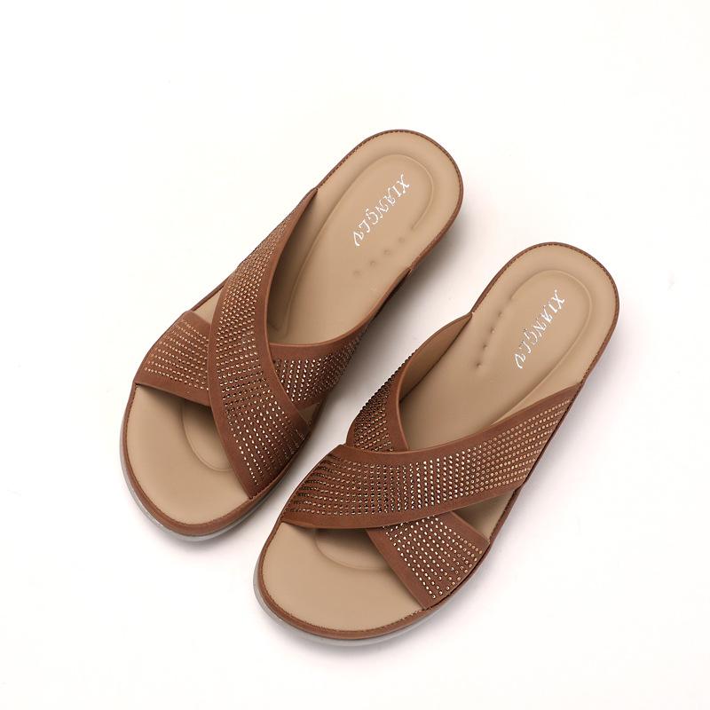 Тапочки женские летние каблук с открытым носком модные римские сандалии со стразами дорожная пляжная обувь