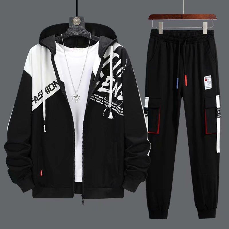 Осенняя мужская мода, напечатанная куртка с капюшоном и повседневные брюки, комплект из двух предметов