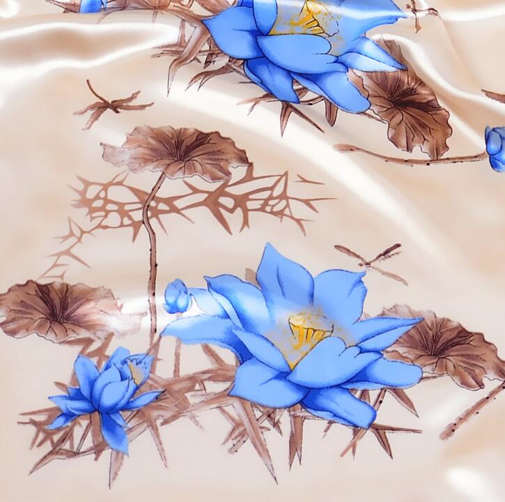 Silk Scarf Women Lotus Flower Design Square Scarves Office Ladies Shawl Bandanna 90*90cm Muslim Hijab Handkerchief Scarves