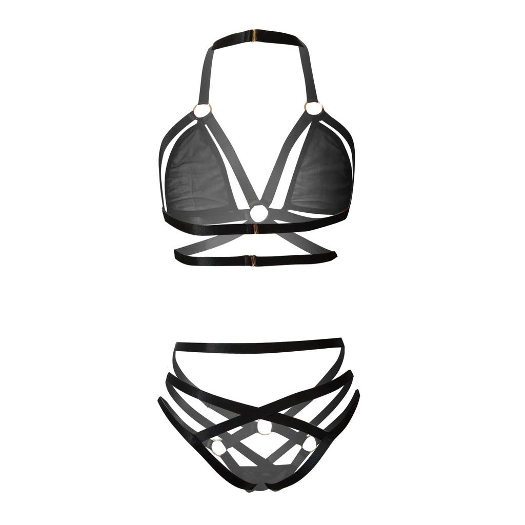 Fashion Women's Sexy Cross Strap Hollow Out Funny Lingerie Two-piece Sexy Underwear