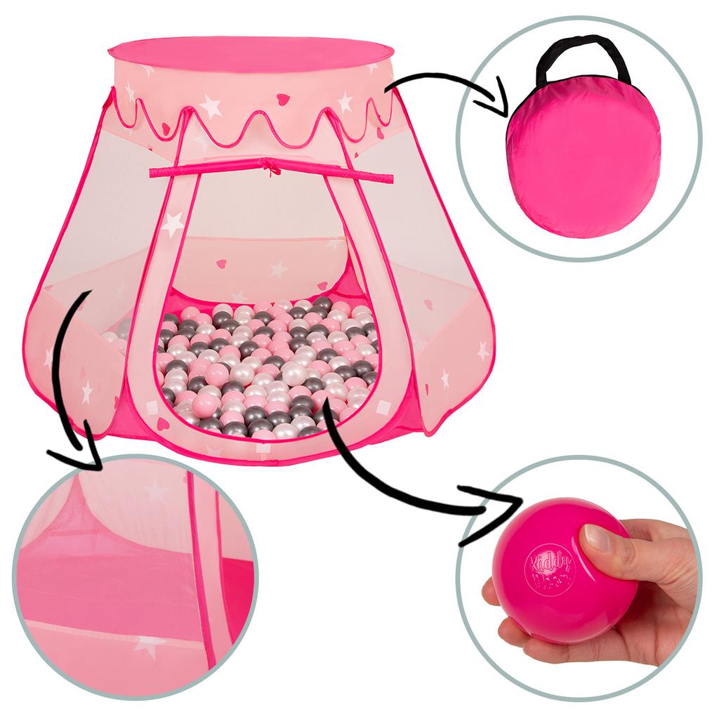 Selonis Play Tent 105x90cm/300 Balls Castle House Pop Up Ballpit Plastic Balls for Kids, Grey:grey-white-turquoise